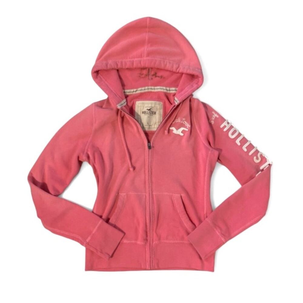 Vintage Y2K Hollister Pink Fitted Full-Zip Hoodie Size Large